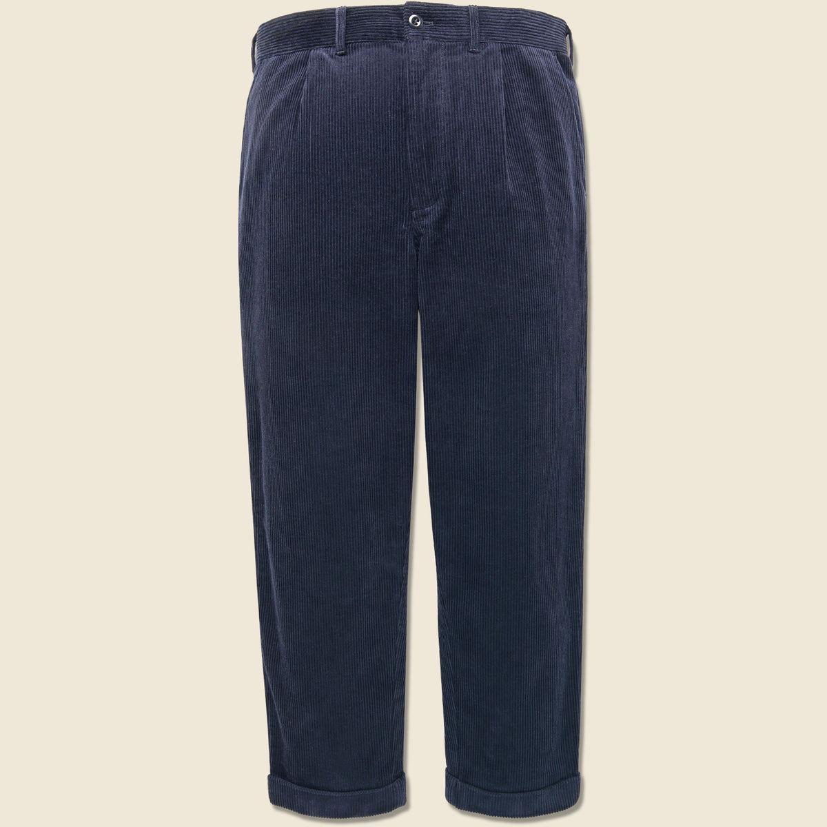 Corduroy Pleated Pant in Navy made from soft corduroy with a relaxed silhouette and classic front pleats.