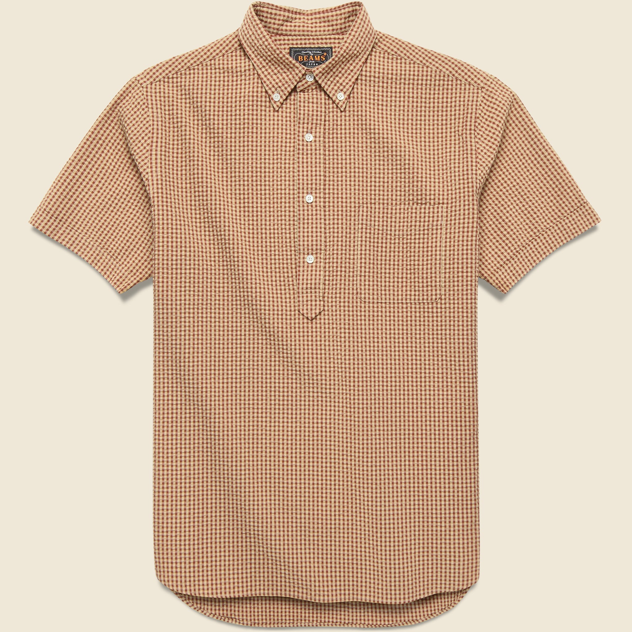 Pullover Short Sleeve Seersucker Shirt - Light Brown - BEAMS+ - STAG Provisions - Tops - S/S Woven - Seersucker