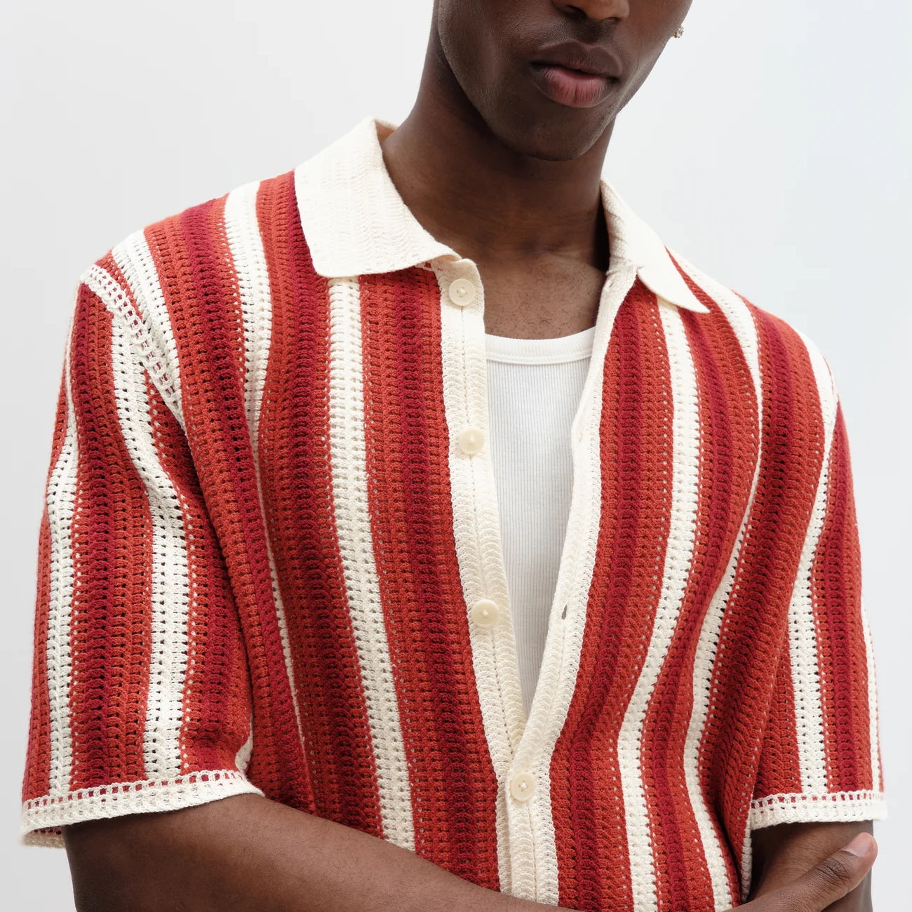 
                          Porto Crochet Stripe Shirt - Ecru/Orange - Wax London - STAG Provisions - Tops - S/S Knit
                        