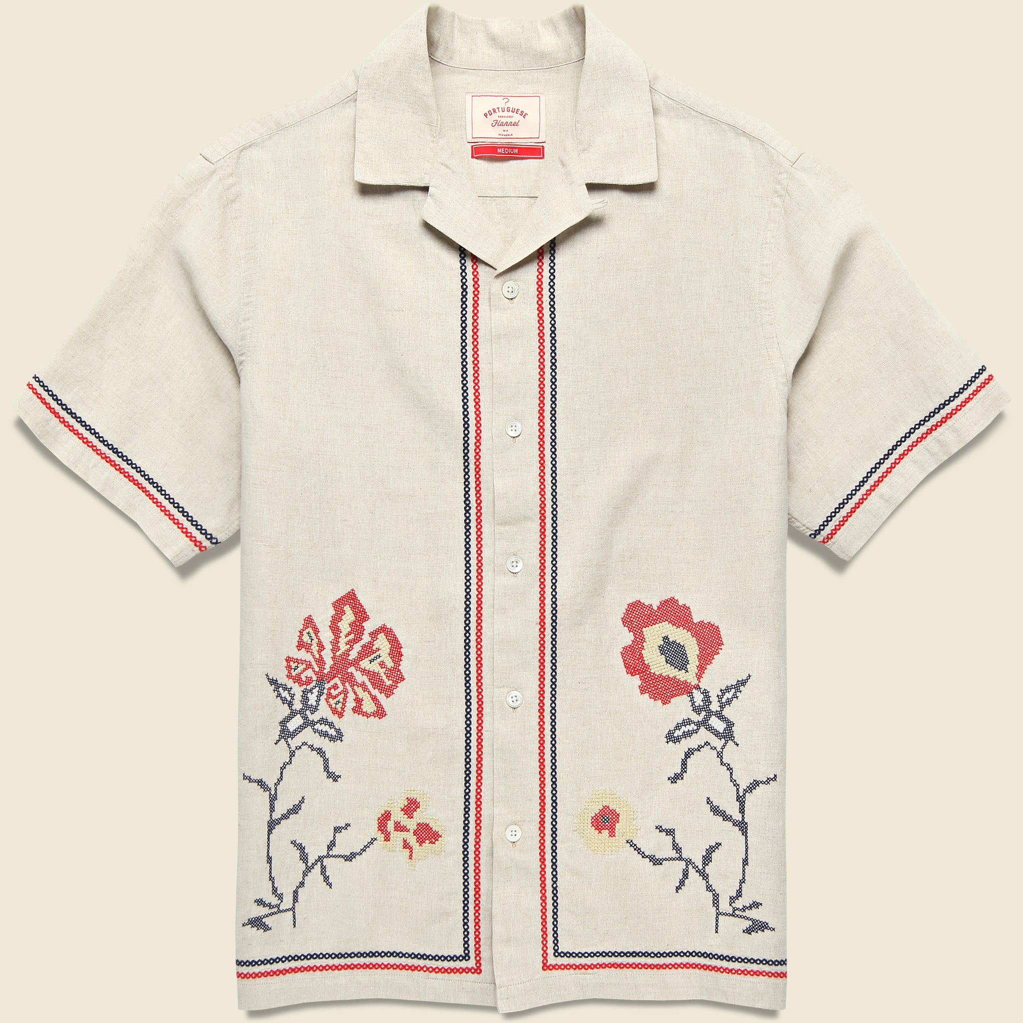 Cross Stitch Camp Shirt - Ecru - Portuguese Flannel - STAG Provisions - Tops - S/S Woven - Floral