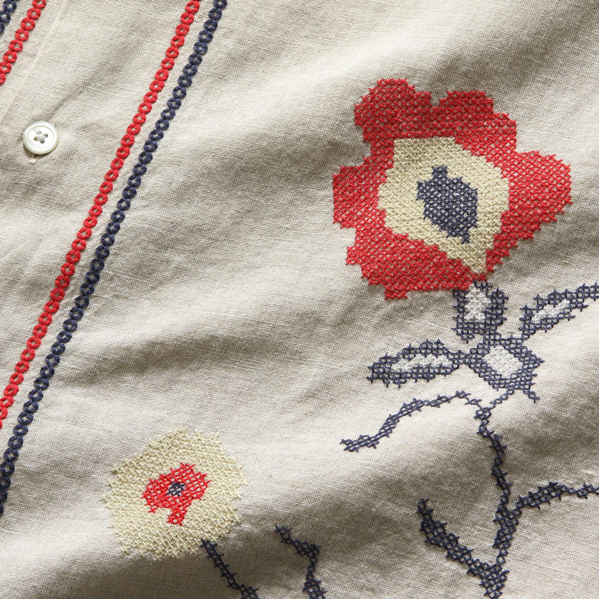 Cross Stitch Camp Shirt - Ecru - Portuguese Flannel - STAG Provisions - Tops - S/S Woven - Floral