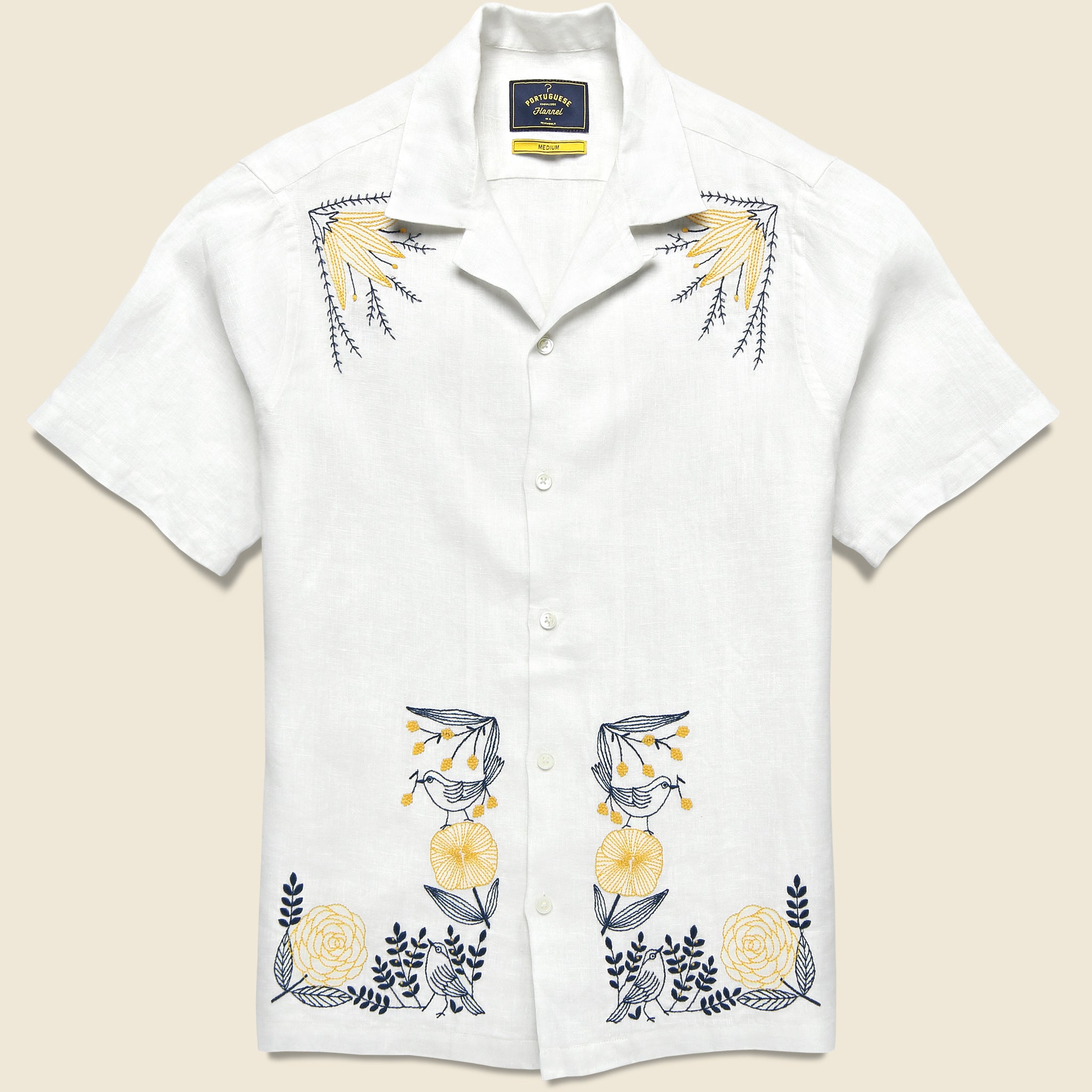 Bird Embroidery Camp Shirt - White