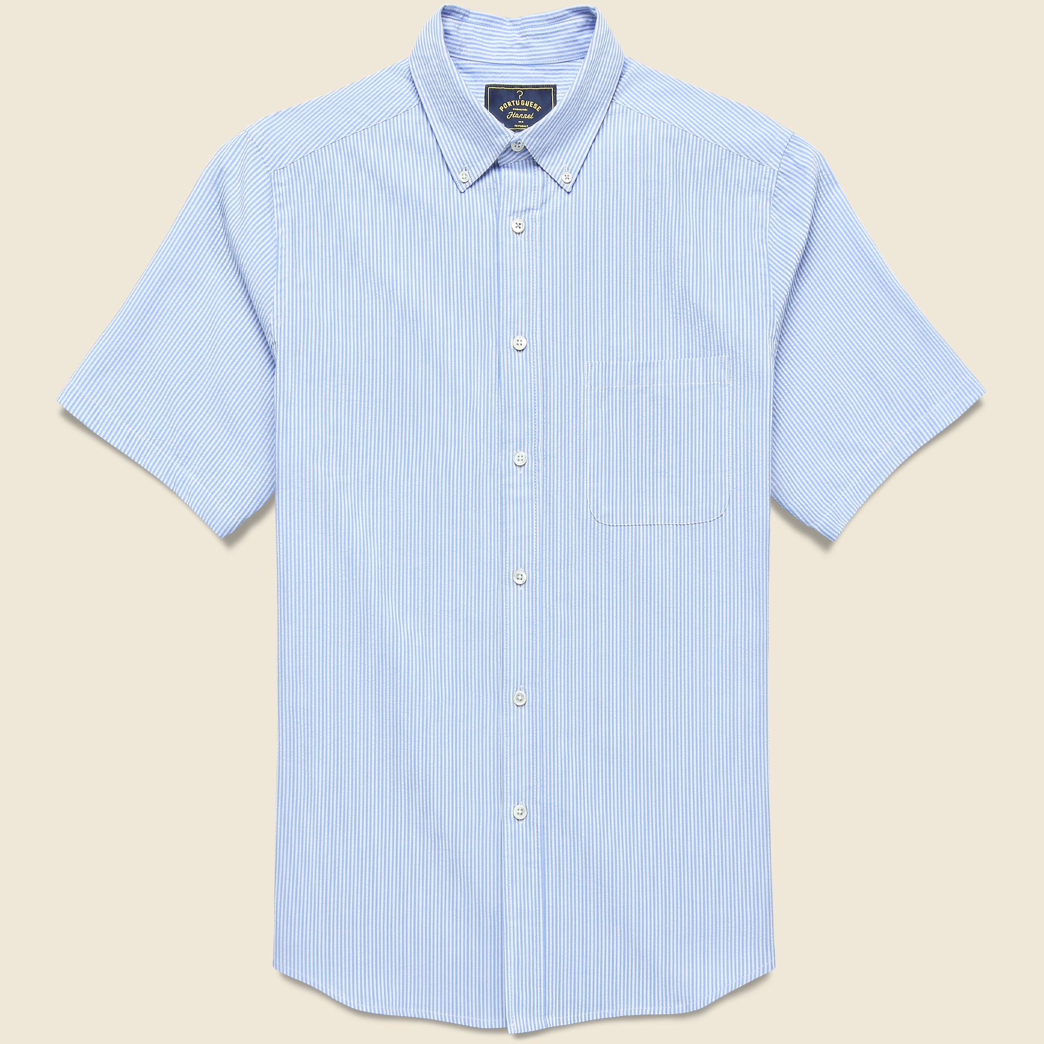 Striped Atlantico Seersucker Shirt - Blue - Portuguese Flannel - STAG Provisions - Tops - S/S Woven - Seersucker