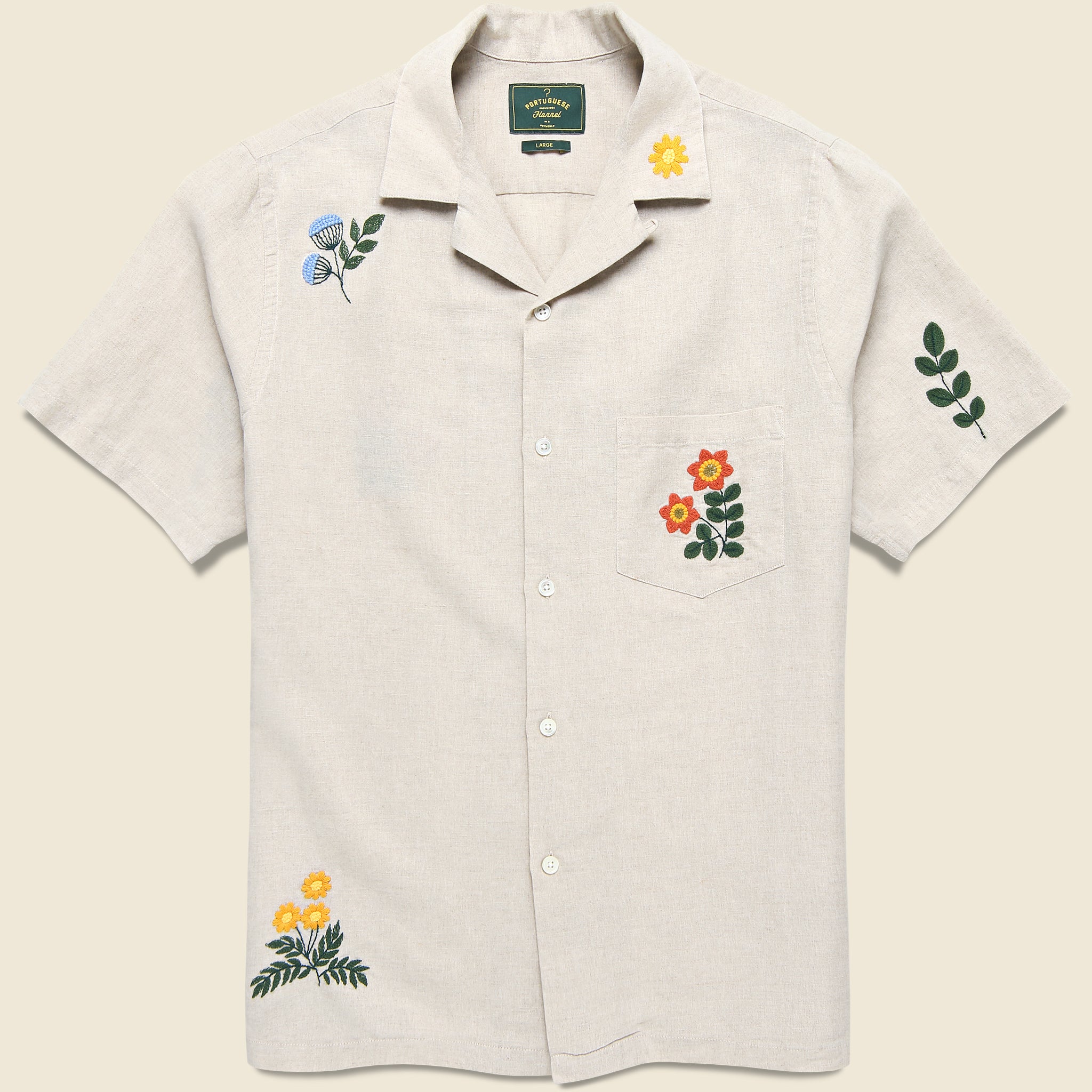 Embroidered Spring Camp Shirt - Natural - Portuguese Flannel - STAG Provisions - Tops - S/S Woven - Floral
