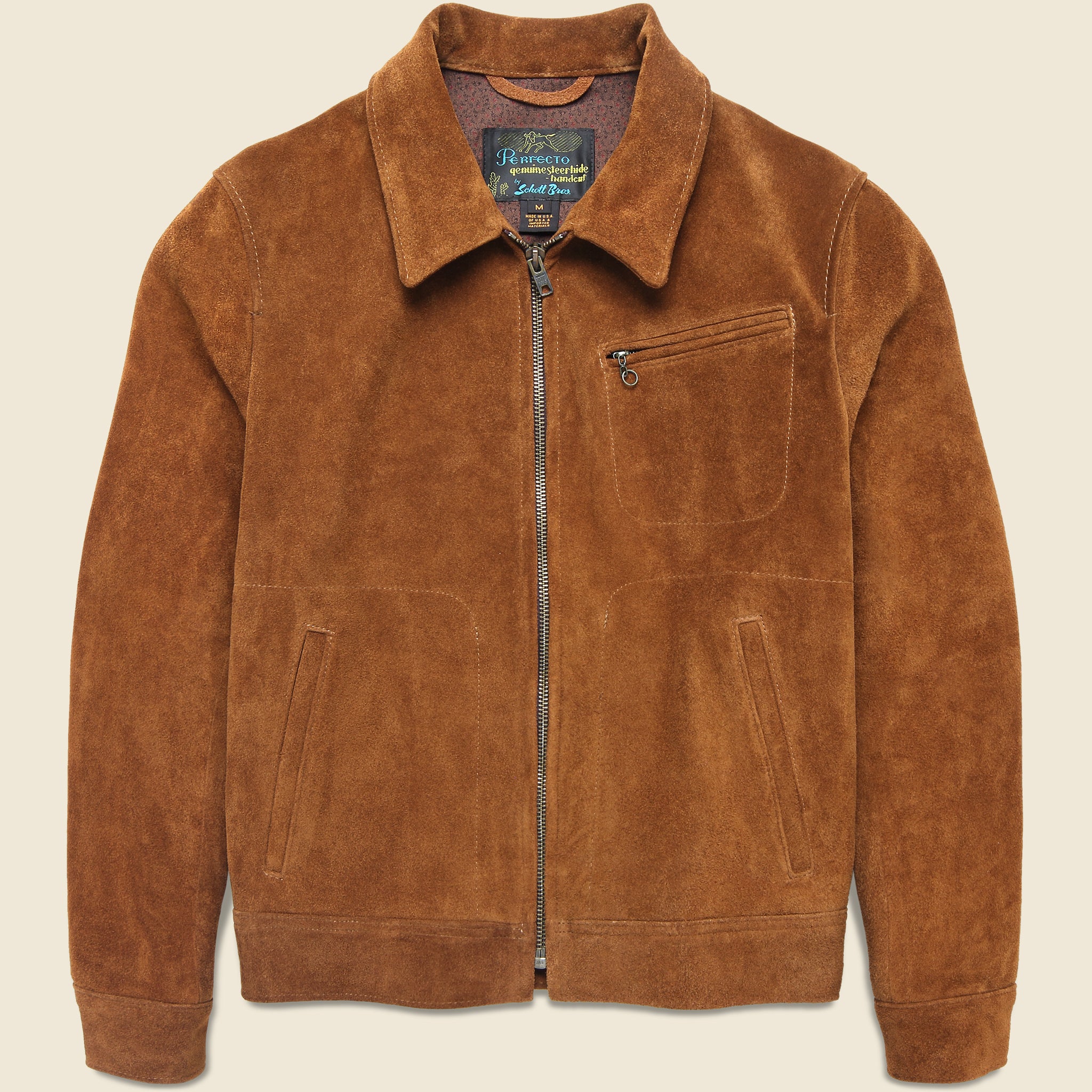 Schott Suede Unlined Trucker Jacket in Saddle featuring rugged roughout suede and a relaxed fit.