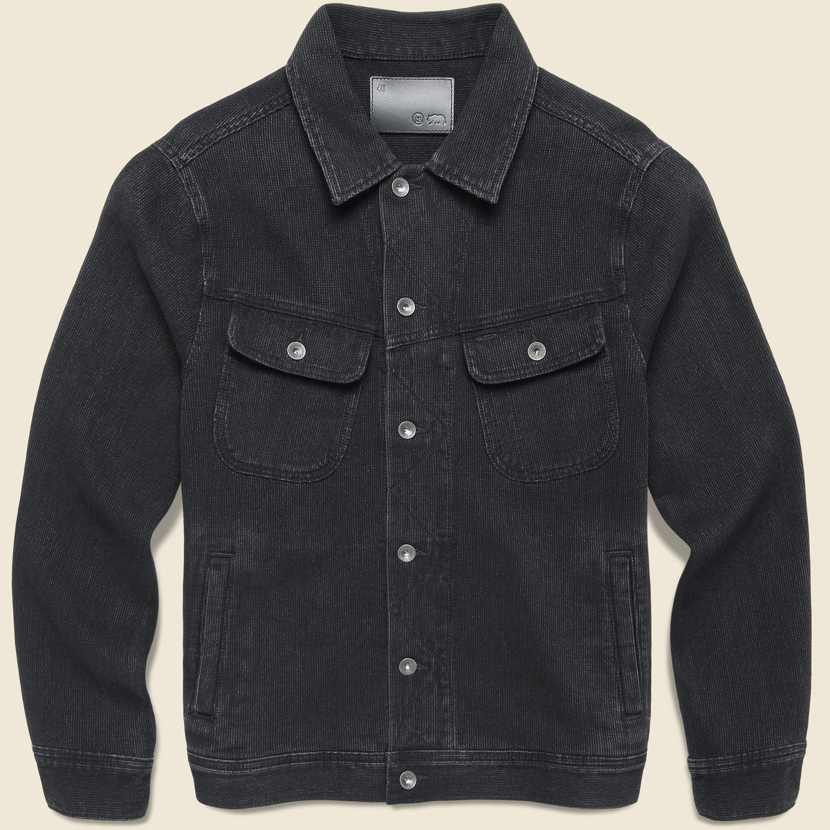 Taylor Stitch Long Haul Jacket in Black Indigo Waffle featuring organic cotton construction and a textured waffle weave.