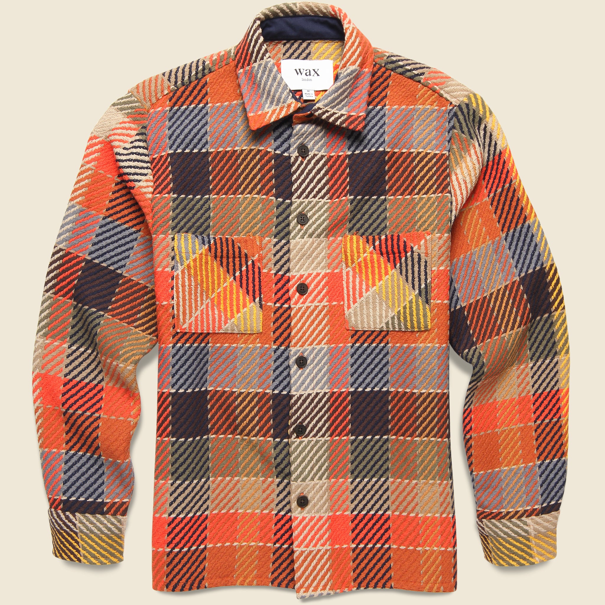 Wax London Whiting Overshirt in Pike Check Orange Multi featuring a textured woven check pattern with a relaxed overshirt fit.