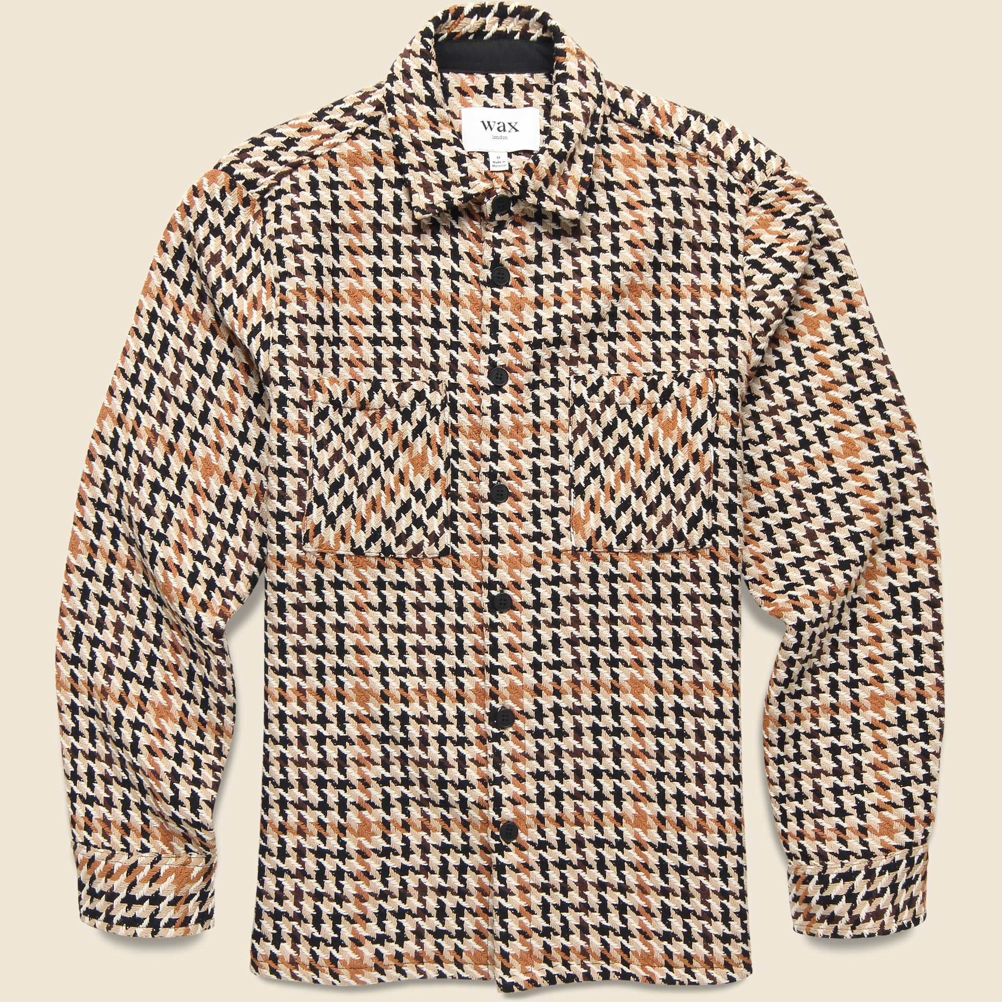 Wax London Whiting Overshirt in Houndstooth Weave Natural featuring a soft woven houndstooth fabric and relaxed everyday silhouette.