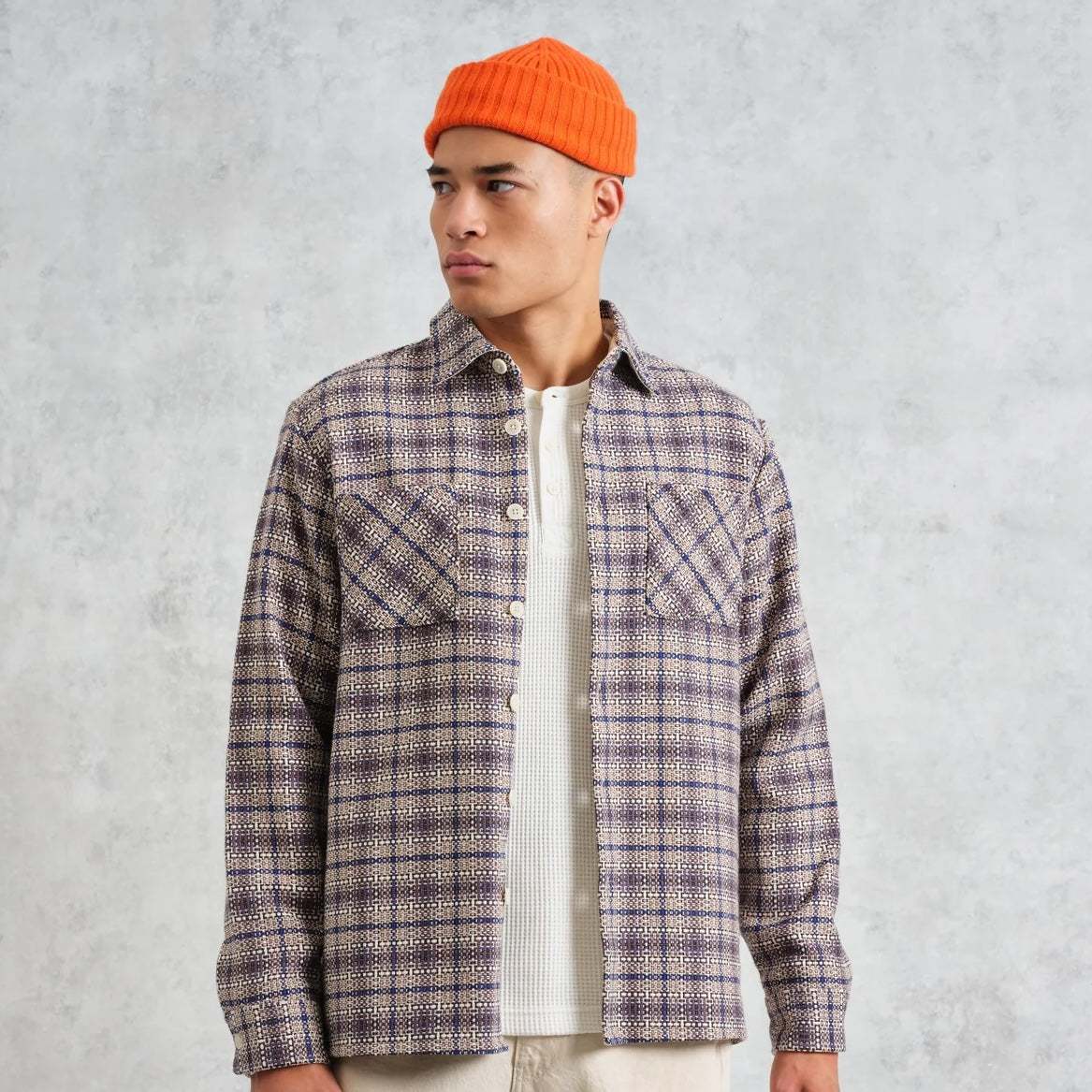 Whiting Overshirt - Basket Check Ecru/Blue - Wax London - STAG Provisions - Tops - L/S Woven - Plaid