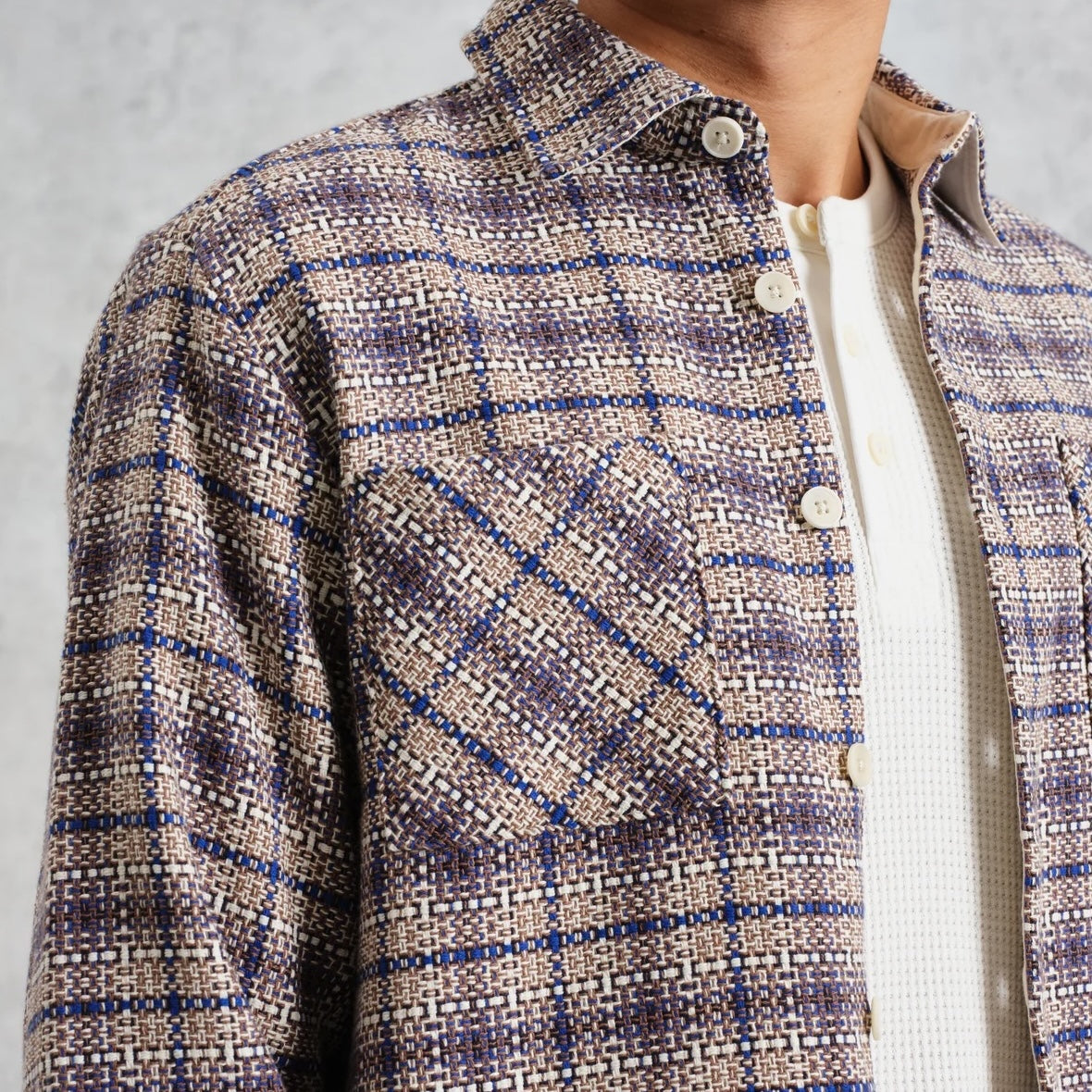Whiting Overshirt - Basket Check Ecru/Blue - Wax London - STAG Provisions - Tops - L/S Woven - Plaid
