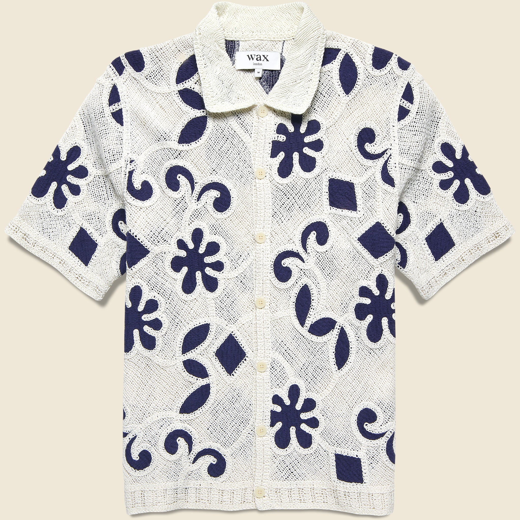 Wax London Porto Doodle Crochet Shirt in Ecru and Dark Blue featuring an intricate crochet pattern and relaxed fit.