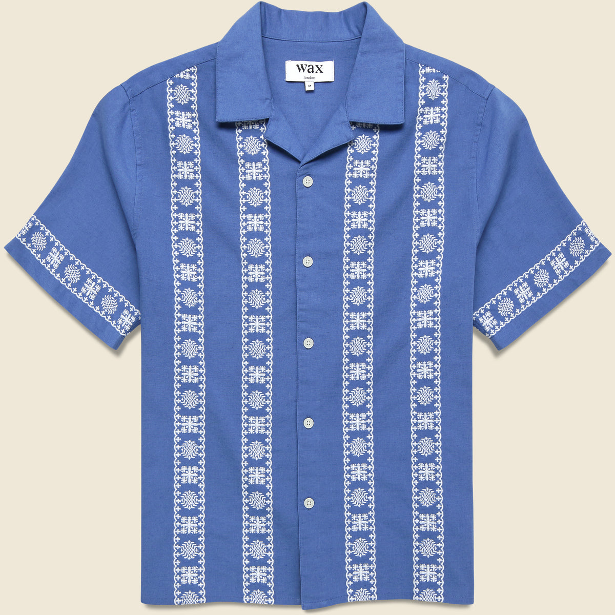 Wax London Placement Border Didcot Shirt in Blue and Ecru featuring a distinctive border pattern and relaxed fit.