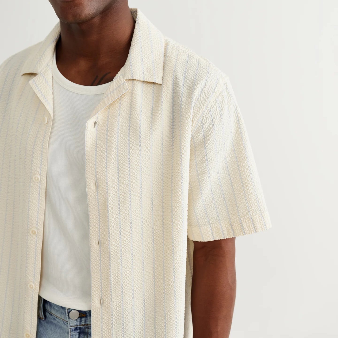 
                          Seersucker Stripe Didcot Shirt - Ecru/Blue - Wax London - STAG Provisions - Tops - S/S Woven - Seersucker
                        