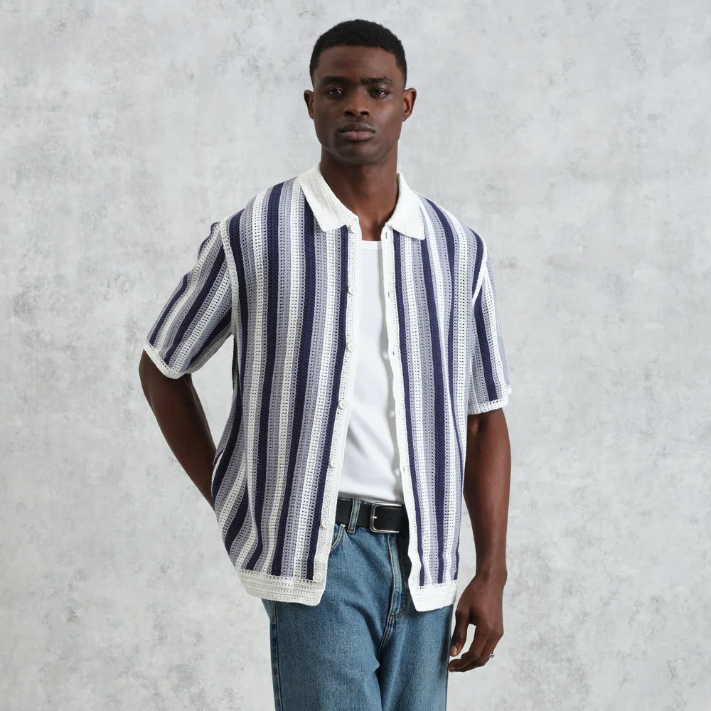 
                          Porto Stripe Crochet Shirt - Blue - Wax London - STAG Provisions - Tops - S/S Knit
                        