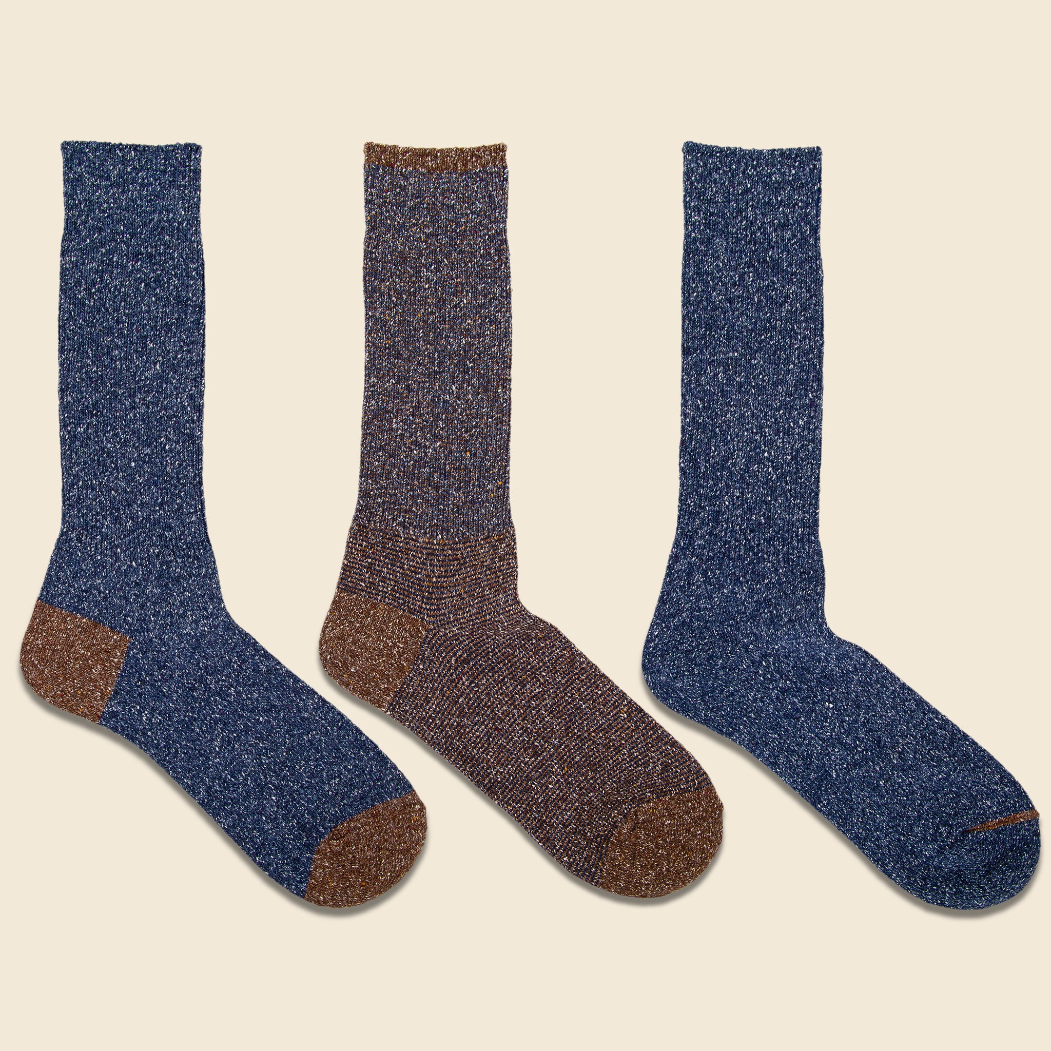 Nep Crew Sock - Three Pack - Navy/Brown - Anonymous Ism - STAG Provisions - Accessories - Socks