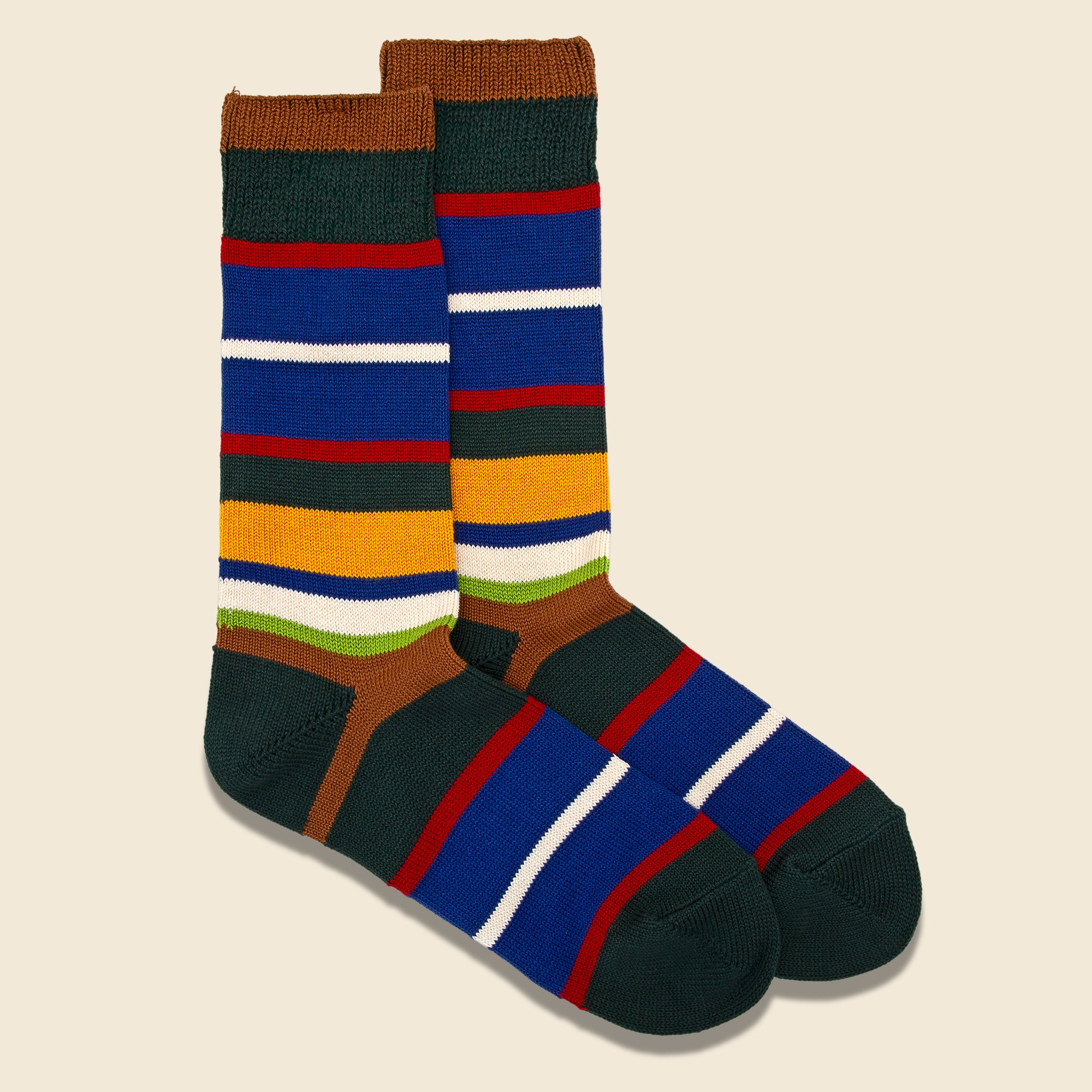 Multi Stripes Crew Sock - Moss Green - Anonymous Ism - STAG Provisions - Accessories - Socks