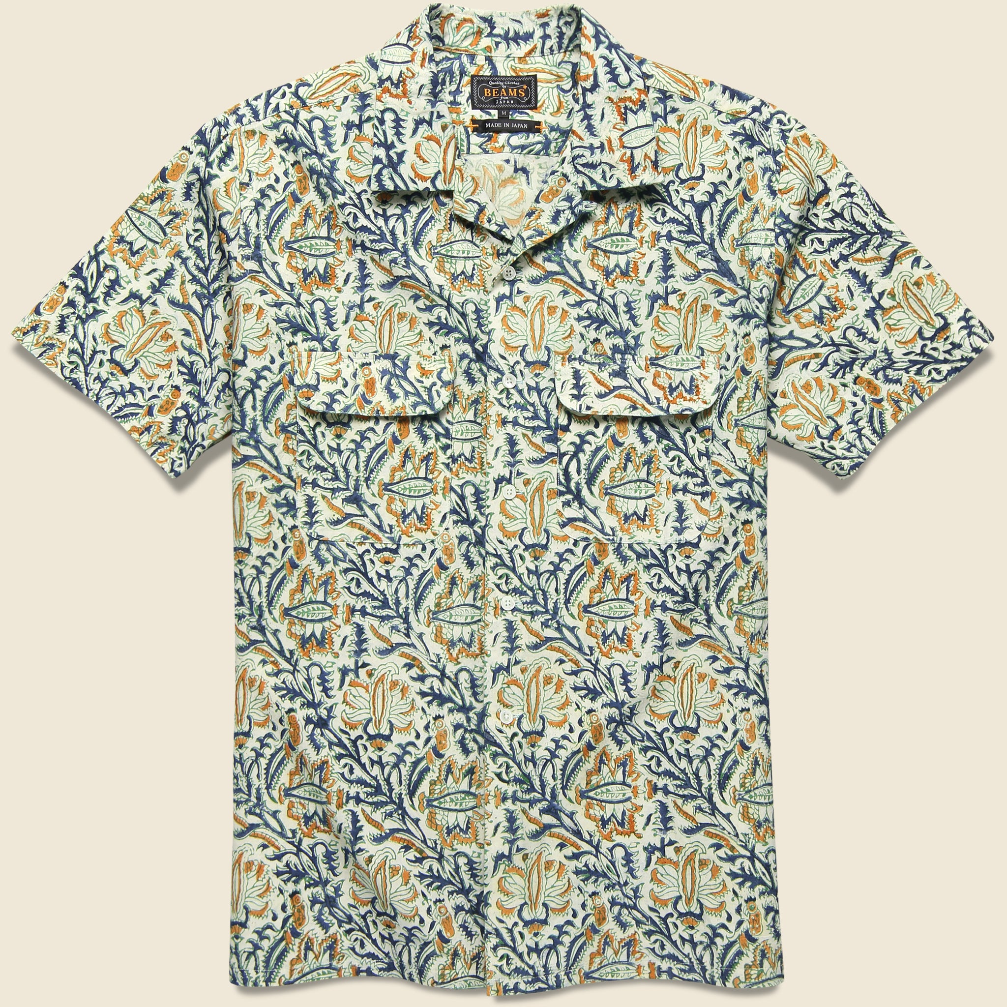 Open Collar Short Sleeve Botanical Block Print Shirt - White - BEAMS+ - STAG Provisions - Tops - S/S Woven - Floral
