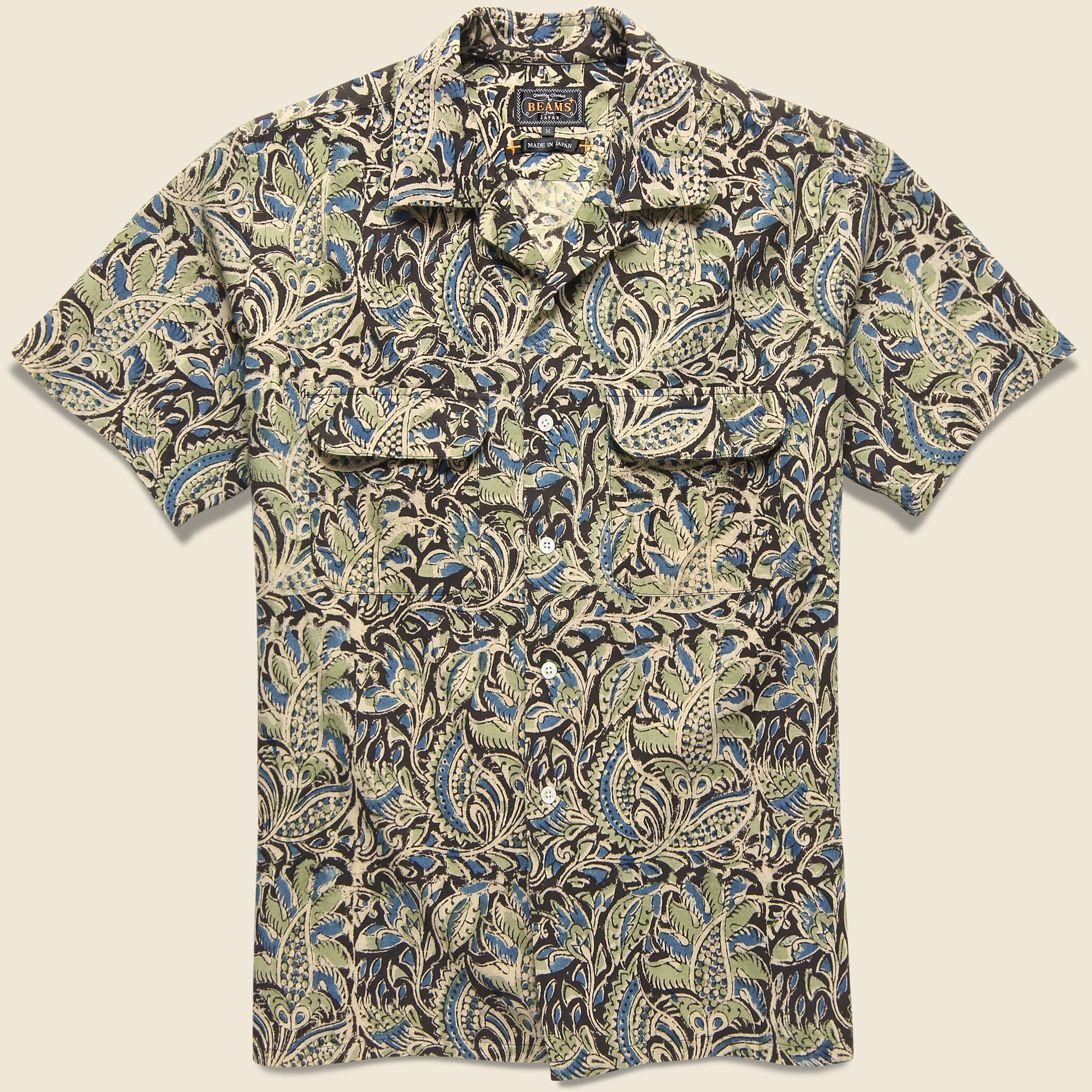 Open Collar Short Sleeve Botanical Block Print Shirt - Black - BEAMS+ - STAG Provisions - Tops - S/S Woven - Floral
