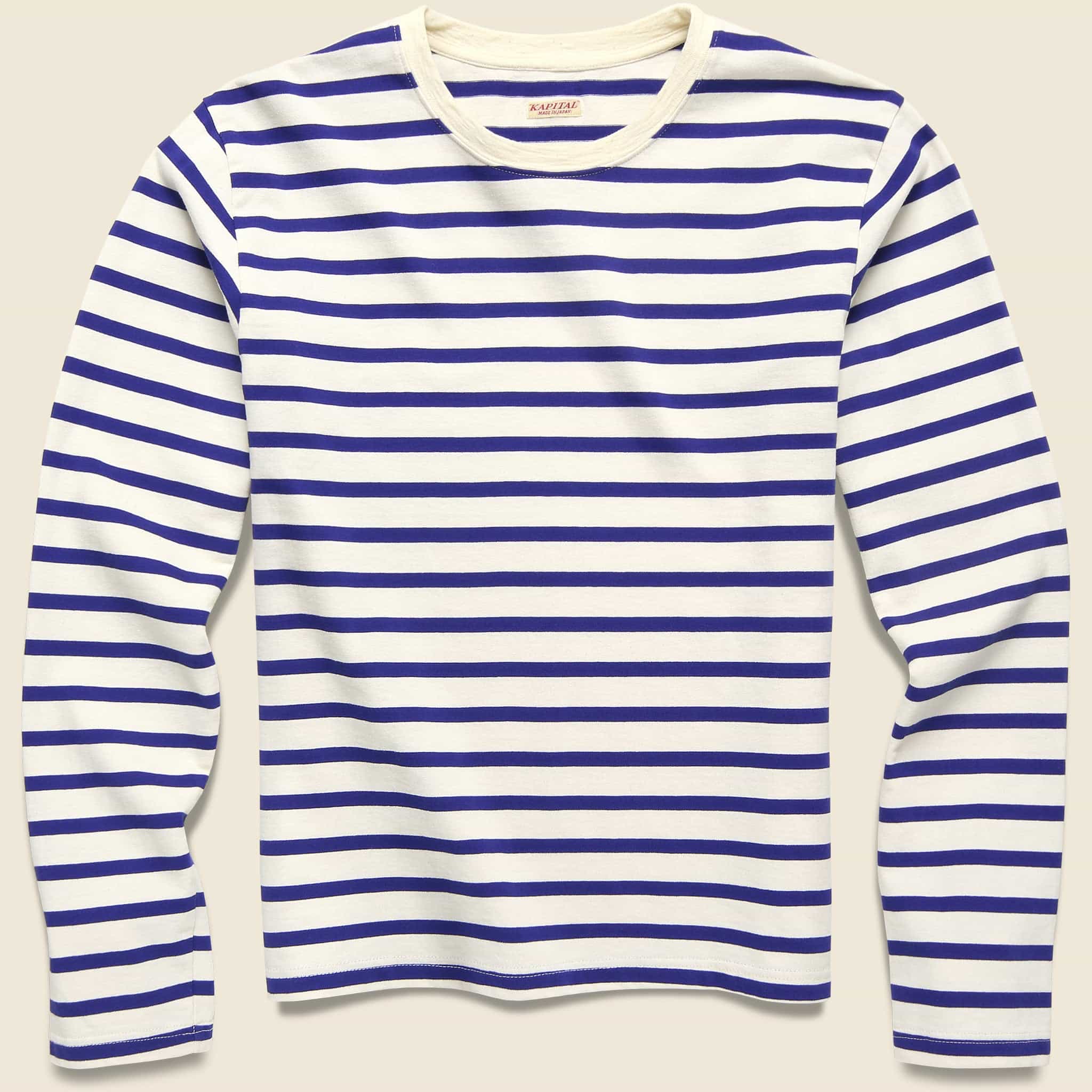 Stripe Jersey Crew Long Sleeve Tee (SMILIE Patch) - Ecru/Blue - Kapital - STAG Provisions - Tops - L/S Tee