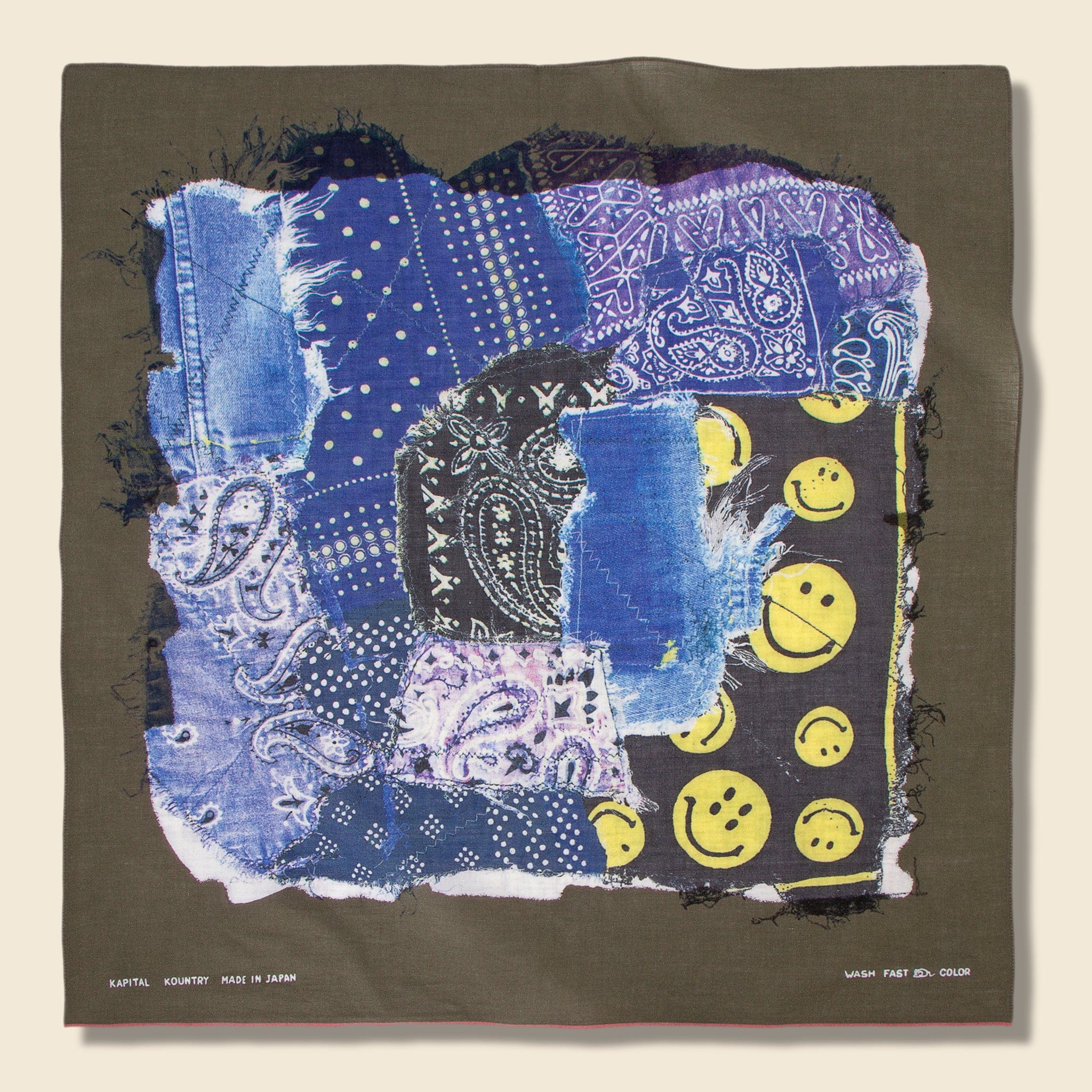 Smile Bandana Patchwork Selvedge Bandana - Khaki - Kapital - STAG Provisions - Accessories - Bandanas