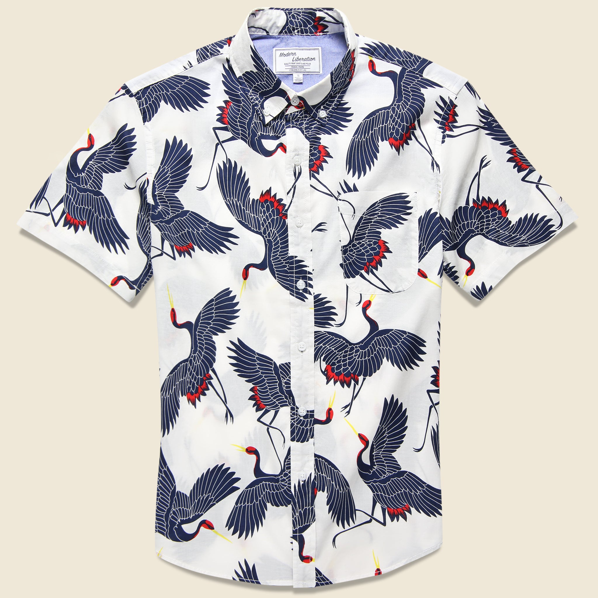 Crane Print Shirt - White - Modern Liberation - STAG Provisions - Tops - S/S Woven - Other Pattern
