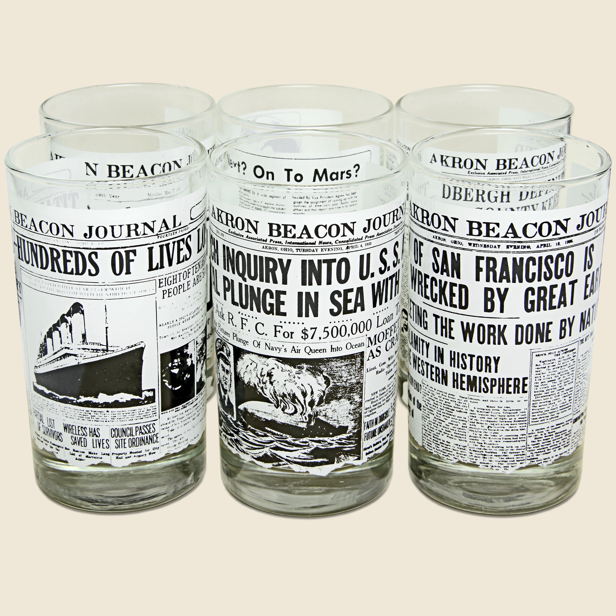 1970s Set of 6 Newspaper Headline Glasses - Vintage - STAG Provisions - One & Done - Barware & Smoking