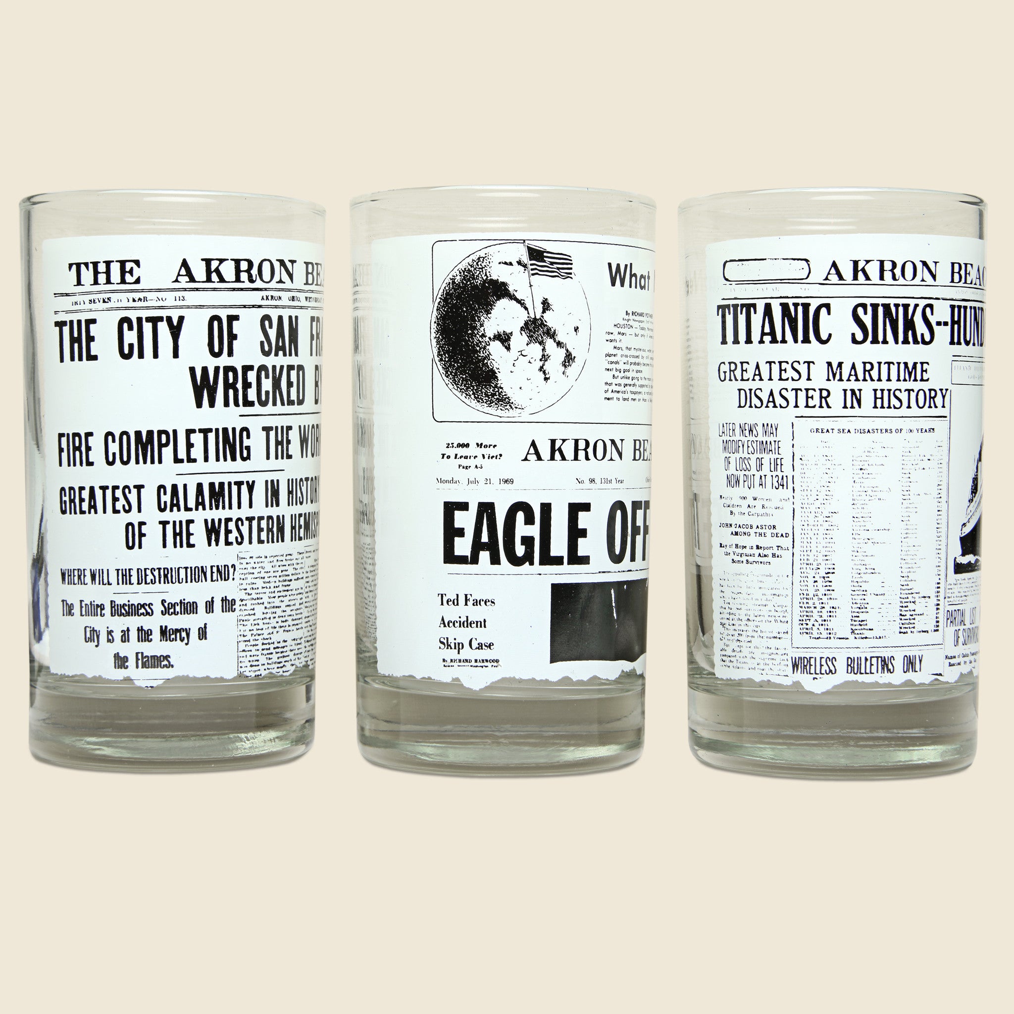1970s Set of 6 Newspaper Headline Glasses - Vintage - STAG Provisions - One & Done - Barware & Smoking