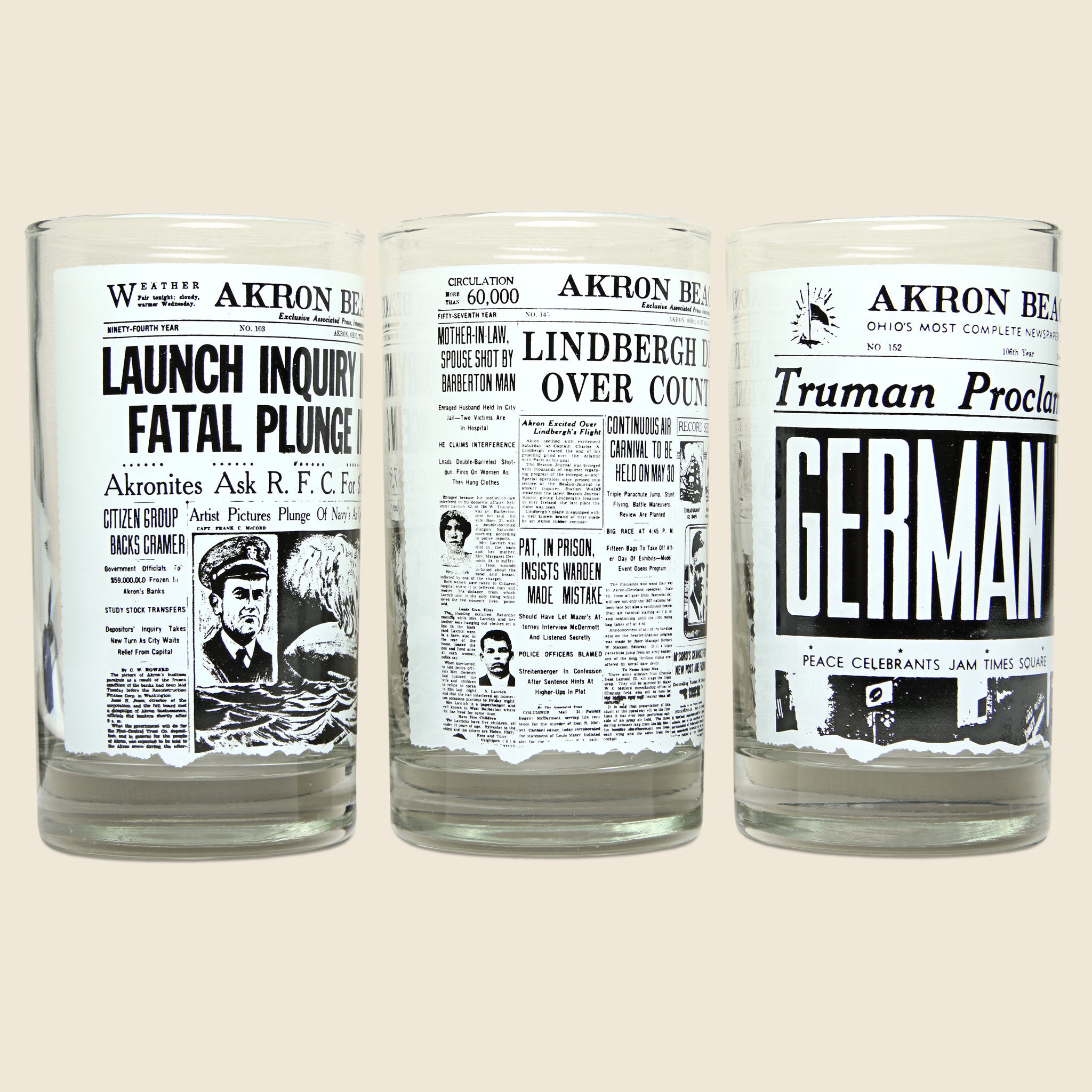 1970s Set of 6 Newspaper Headline Glasses - Vintage - STAG Provisions - One & Done - Barware & Smoking