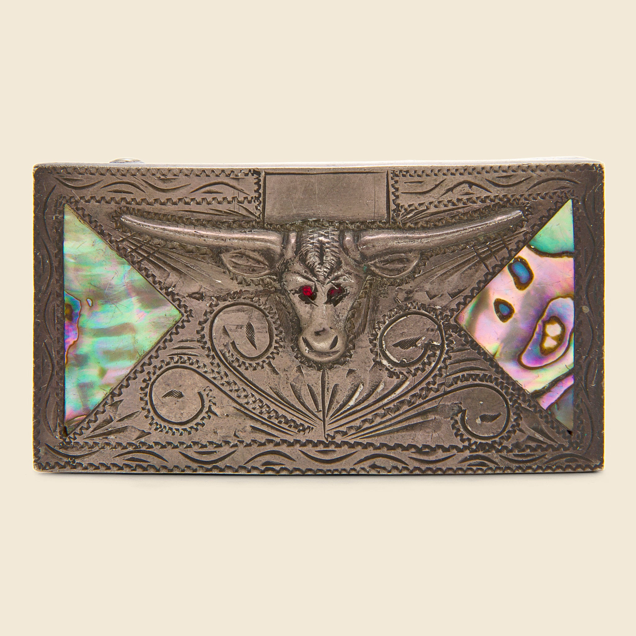Carved Longhorn Belt Buckle with Abalone Inlay - Sterling Silver - Vintage - STAG Provisions - One & Done - Accessories & Jewelry