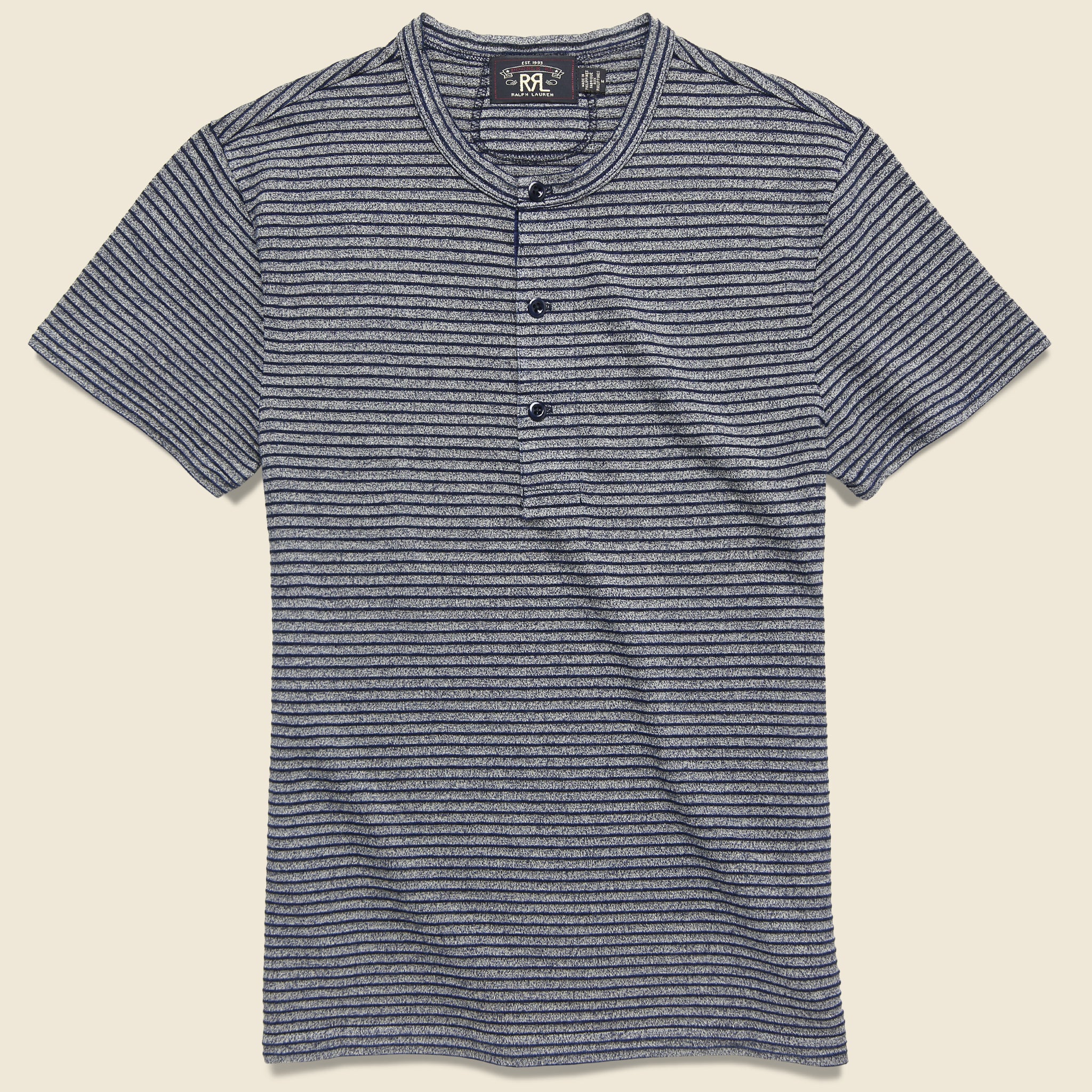 Indigo Striped Cotton Henley - Navy/Greige - RRL - STAG Provisions - Tops - S/S Knit