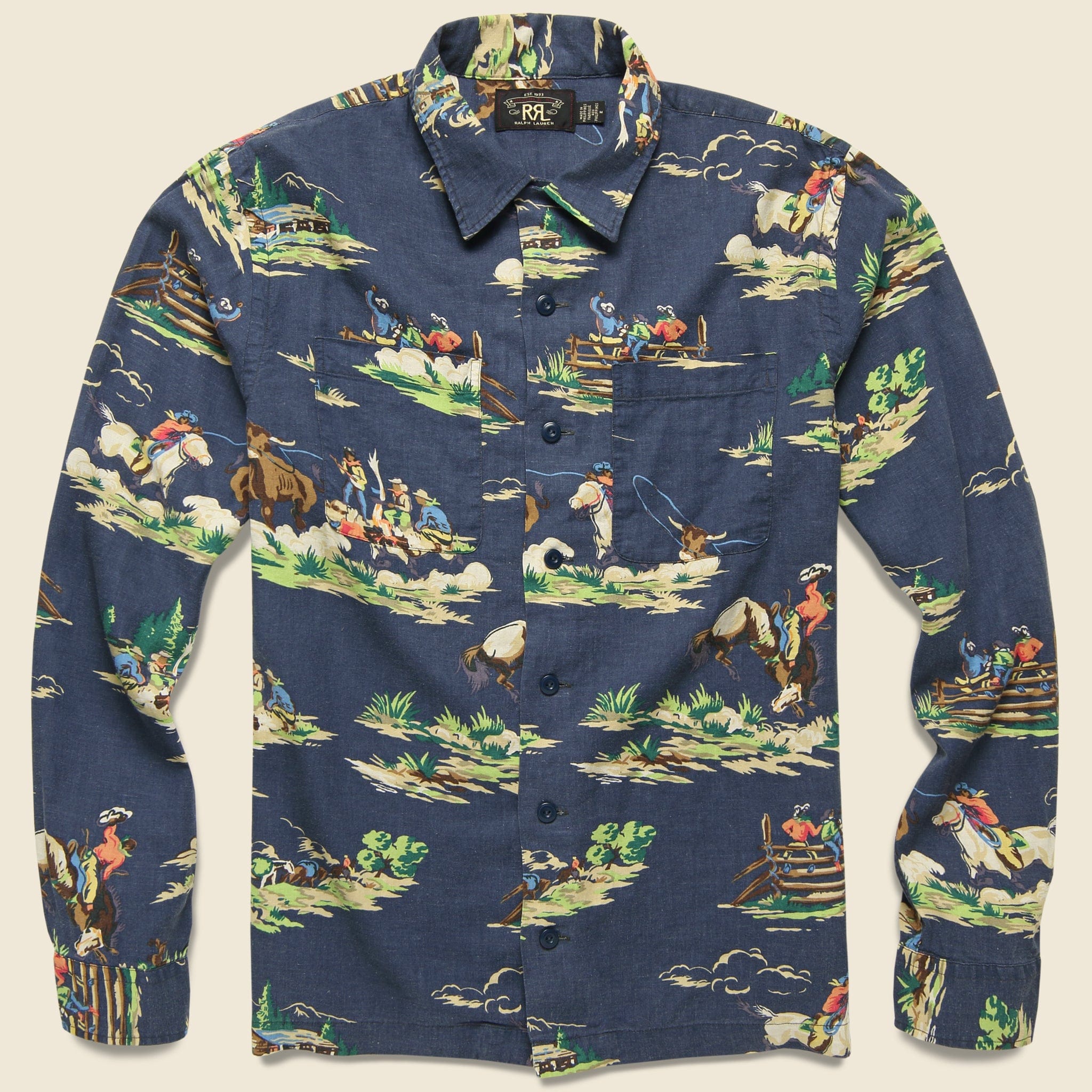 Western Print Towns Camp Shirt - Navy Multi - RRL - STAG Provisions - Tops - L/S Woven - Other Pattern