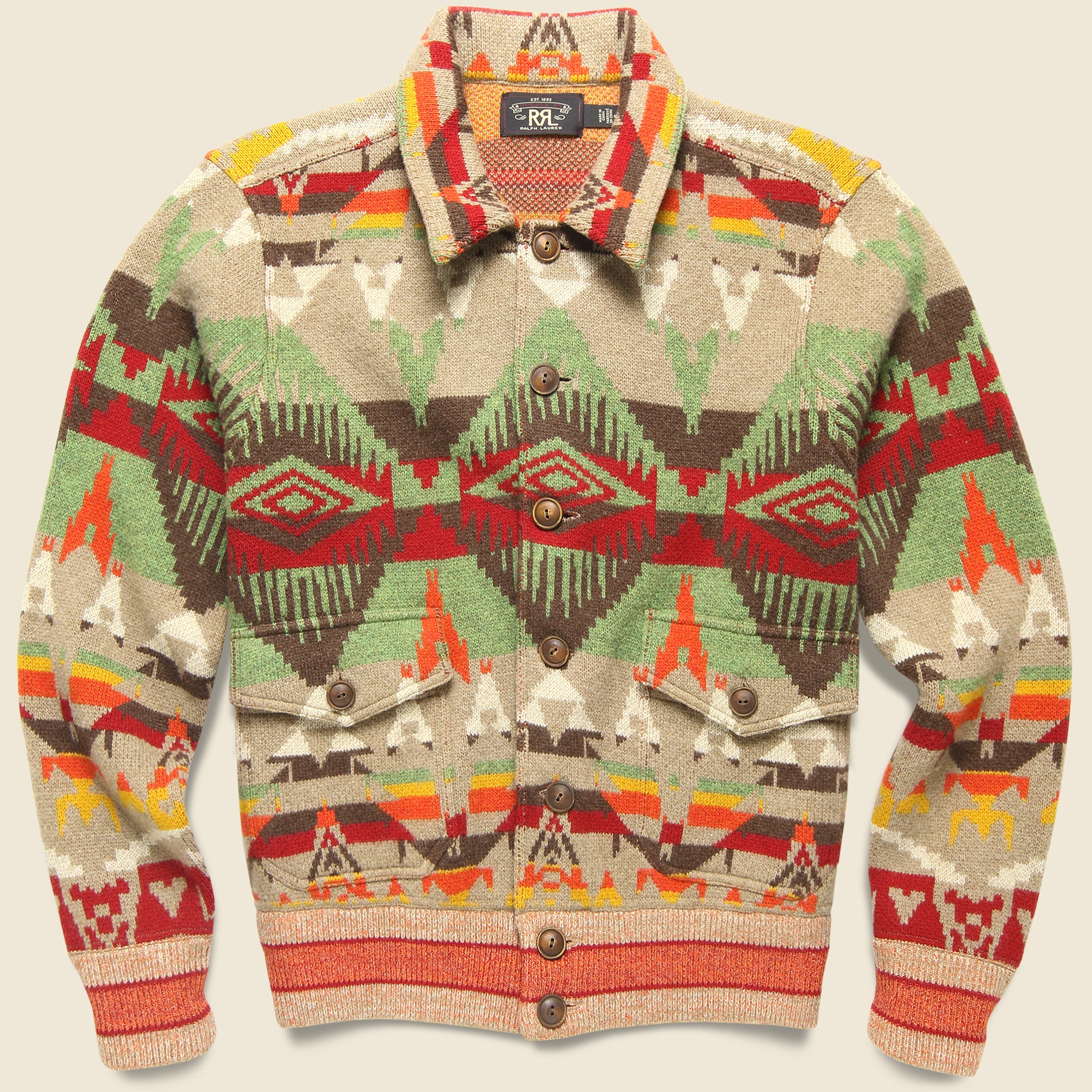 Jacquard Wool Sweater Jacket - Tan/Red/Multi - RRL - STAG Provisions - Outerwear - Coat / Jacket
