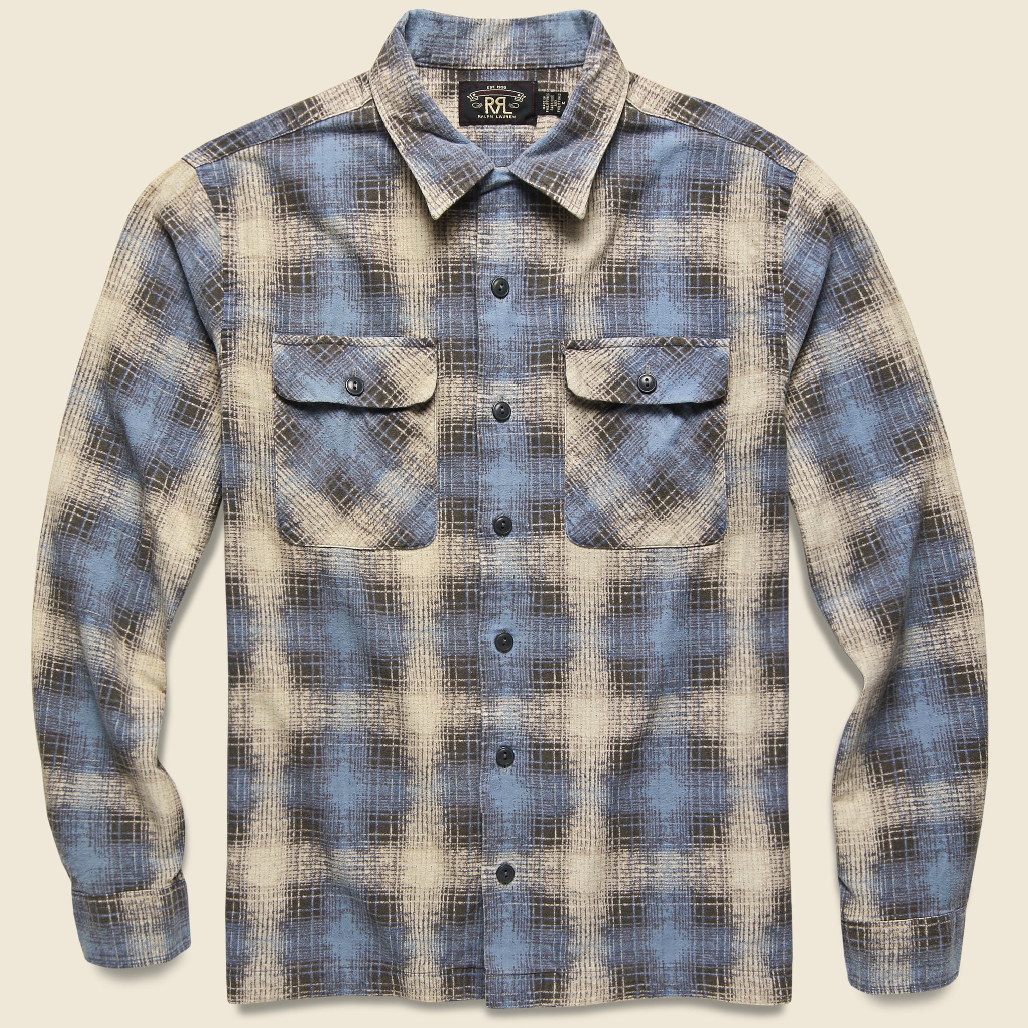 Plaid-Print Brushed Camp Shirt - Cream/Blue - RRL - STAG Provisions - Tops - L/S Woven - Plaid