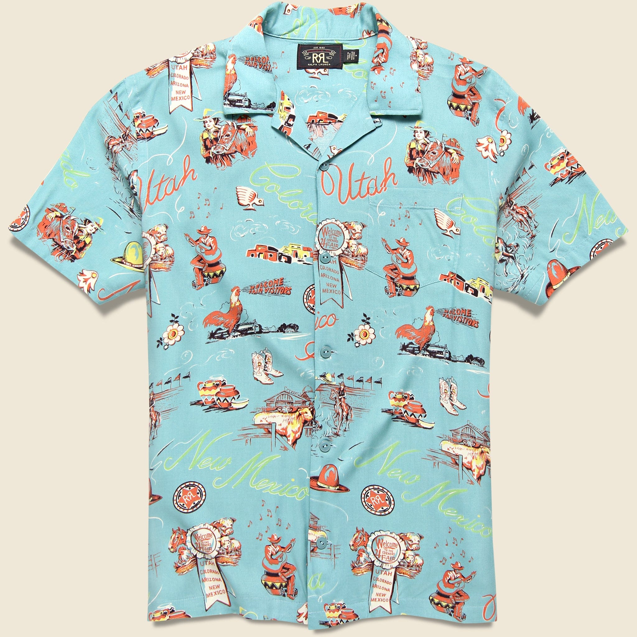Western-Print Camp Shirt - Teal/Rust - RRL - STAG Provisions - Tops - S/S Woven - Other Pattern