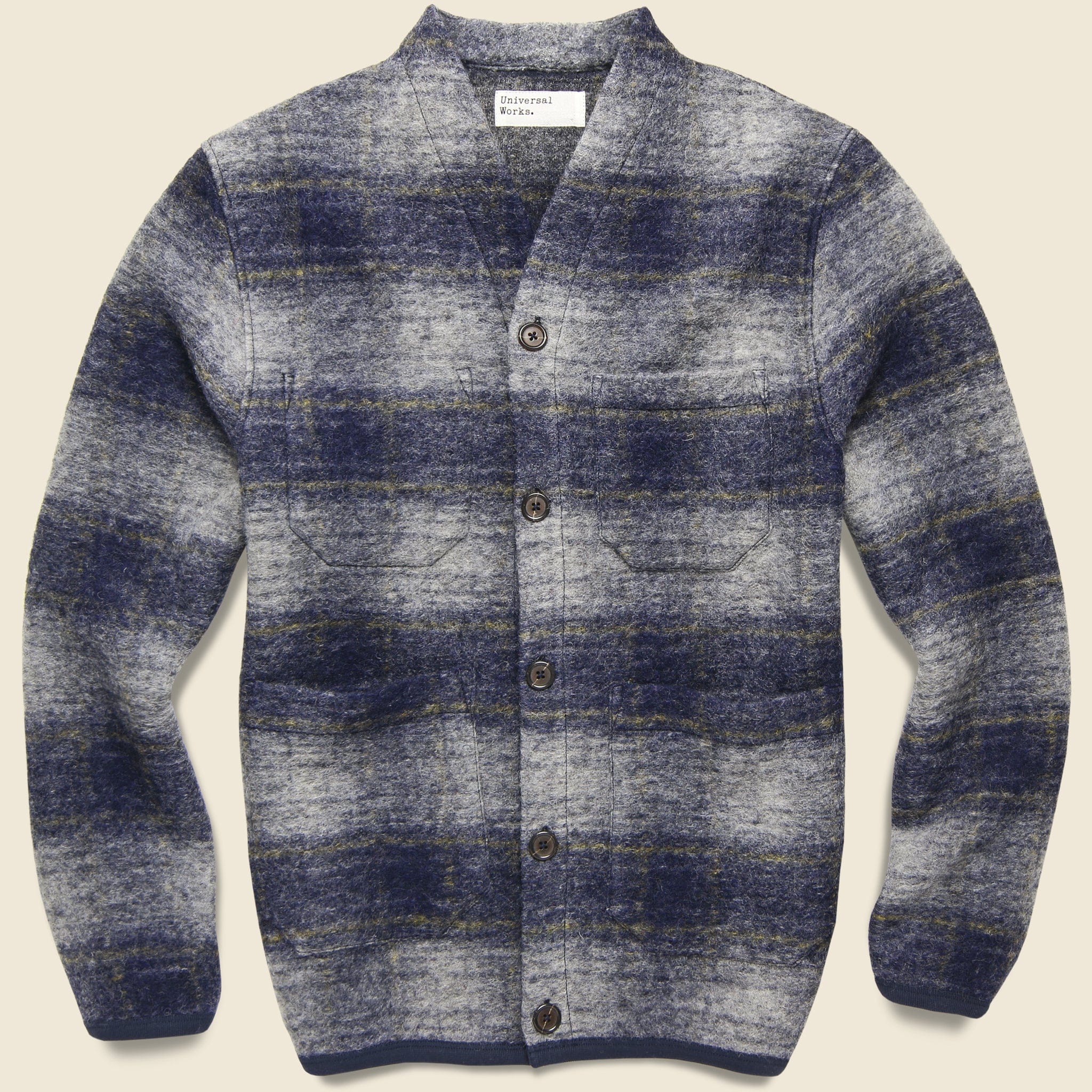 Wool Fleece Cardigan - Navy Austin Check - Universal Works - STAG Provisions - Tops - Sweater