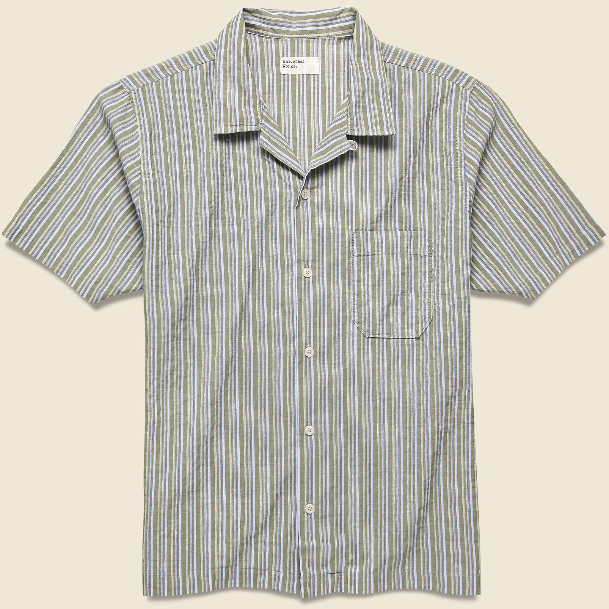 Road Shirt - Olive Elton 2 Stripe - Universal Works - STAG Provisions - Tops - S/S Woven - Stripe