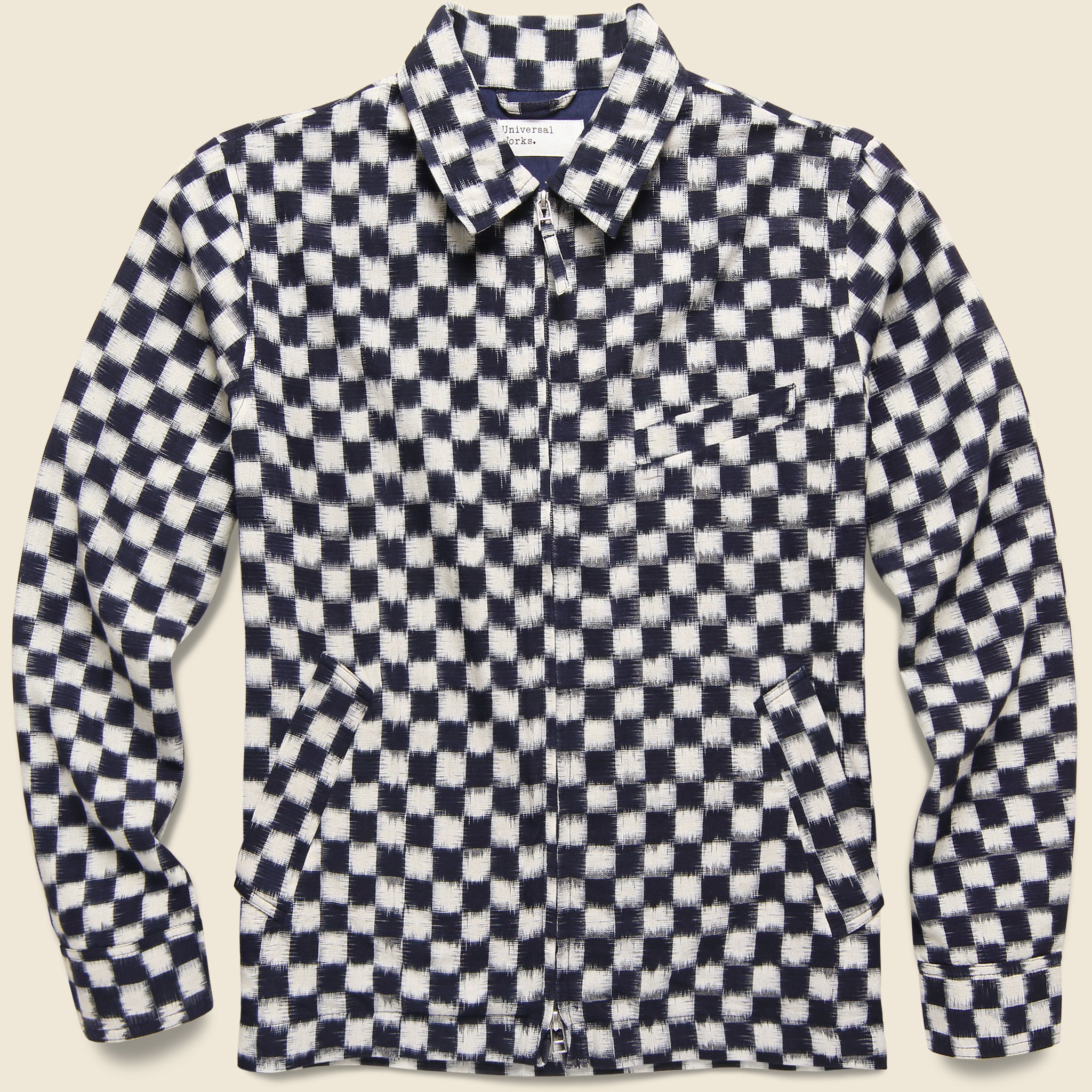 Double Ikat Chequerboard Windcheater Jacket - Indigo/White - Universal Works - STAG Provisions - Outerwear - Coat / Jacket