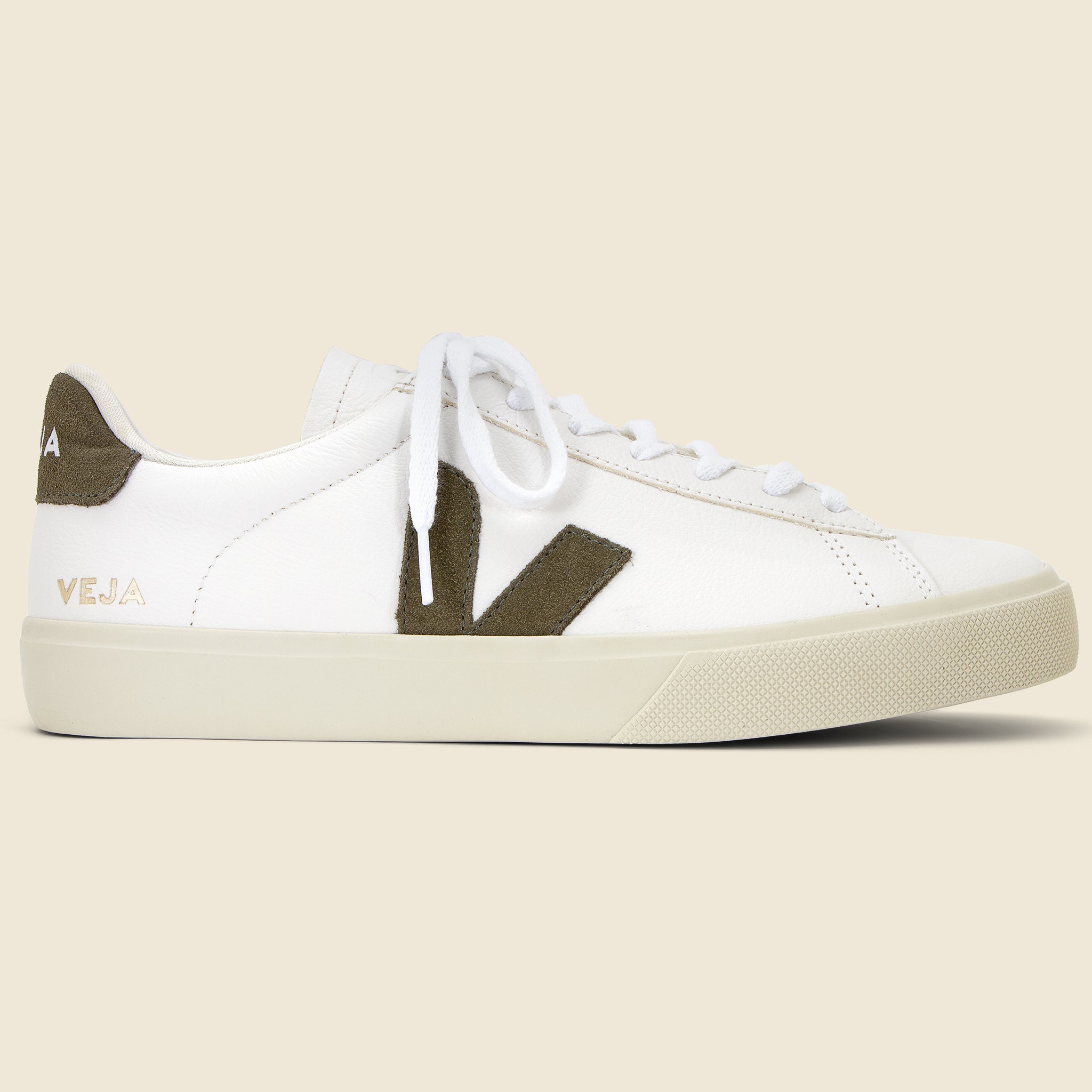 Veja Campo Chrome Free Sneaker in Extra White and Khaki featuring premium chrome-free leather and a timeless low-top silhouette.